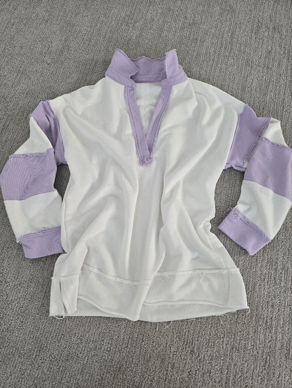 Boutique rugby striped arm vneck sweatshirt collar Lavender and white Super Soft
